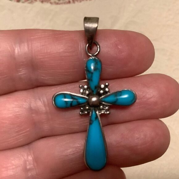𝅺sterling SILVER 925 TURQUOISE INLAID LARGE CROSS​ - Picture 5 of 8